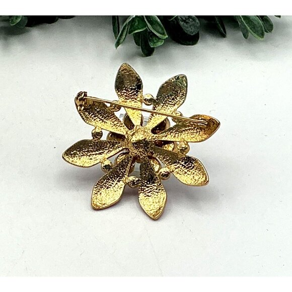 Flower Brooch Pink with Green Rhinestone With Textured Gold-Tone Back - Picture 5 of 5